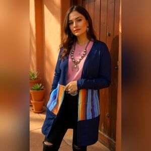 Elegant Women's Blue Cardigan with Multicolor Accents